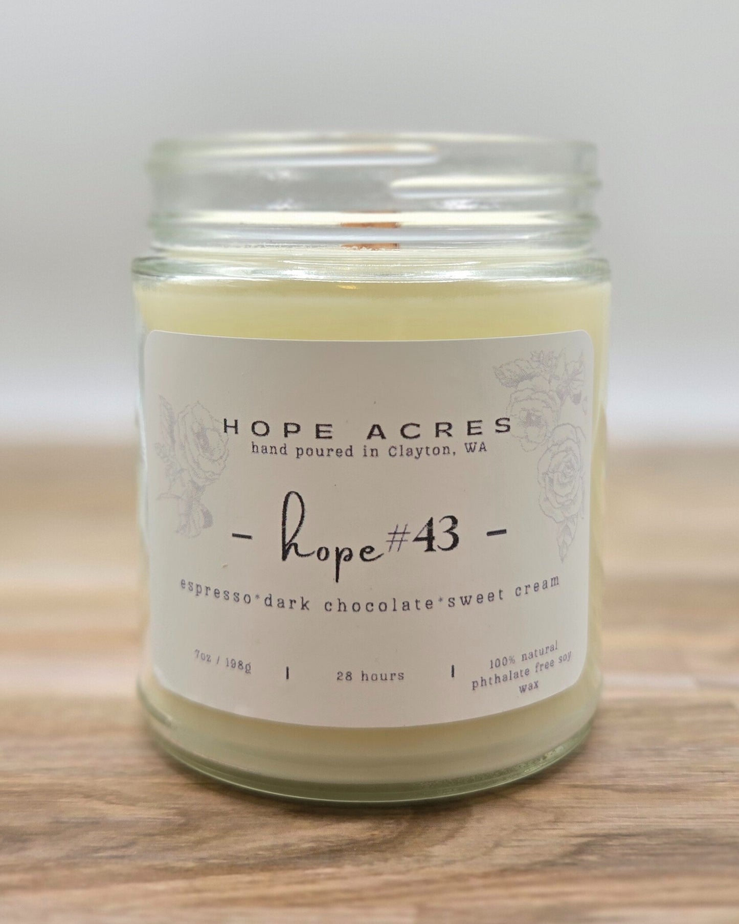 hope #43 espresso*dark chocolate*sweet cream 7oz Soy Candle - Clear